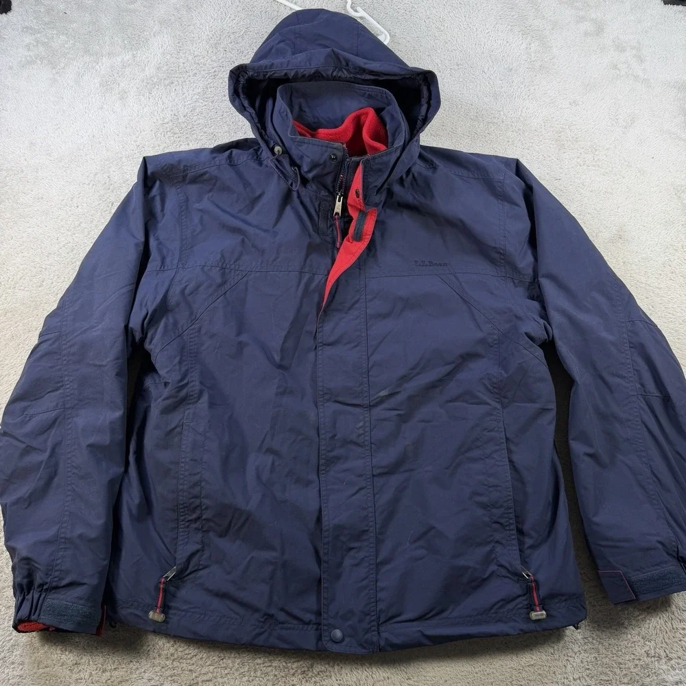 LL Bean Jacket Mens Large Navy 3 in 1 Fleece Hooded Full Zip Pocket Polartec